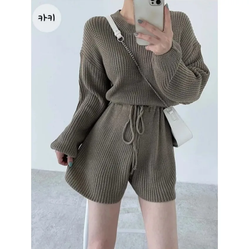 2024 Spring and Autumn Korean retro casual round neck drawstring tied waist slimming knit sweater jumpsuit shorts for women