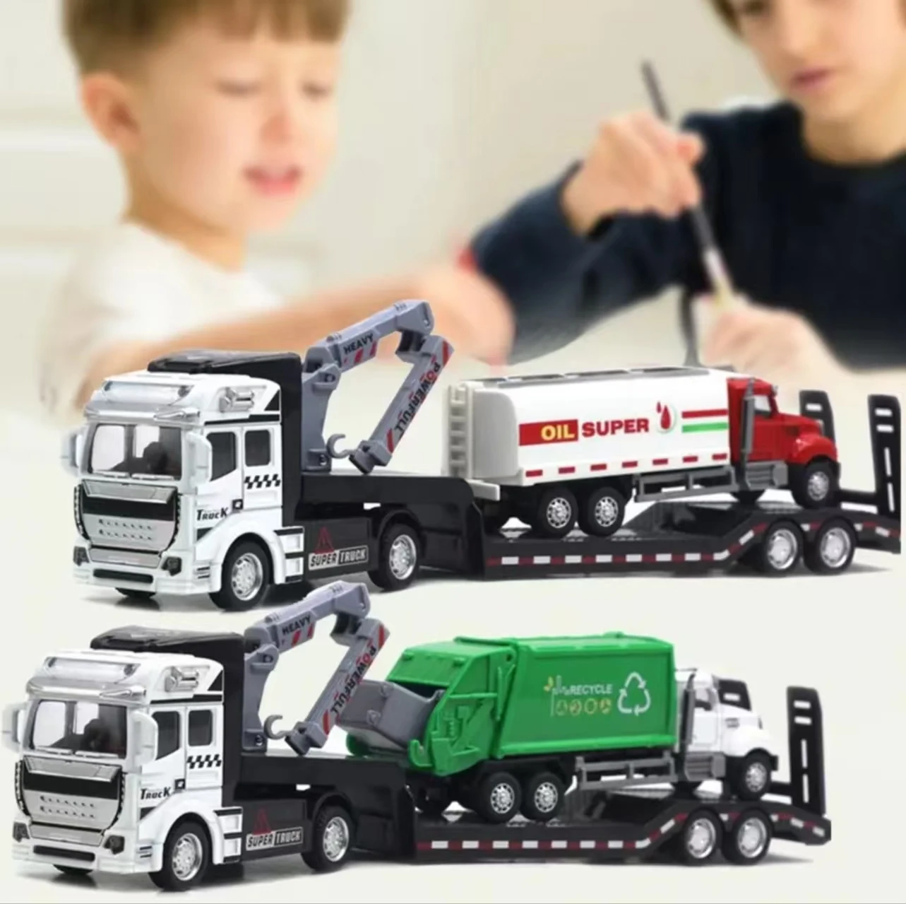 

Two in one, alloy city flat transport trailer, car toy model car, multi-themed city simulation scene toy model, shock-resistant