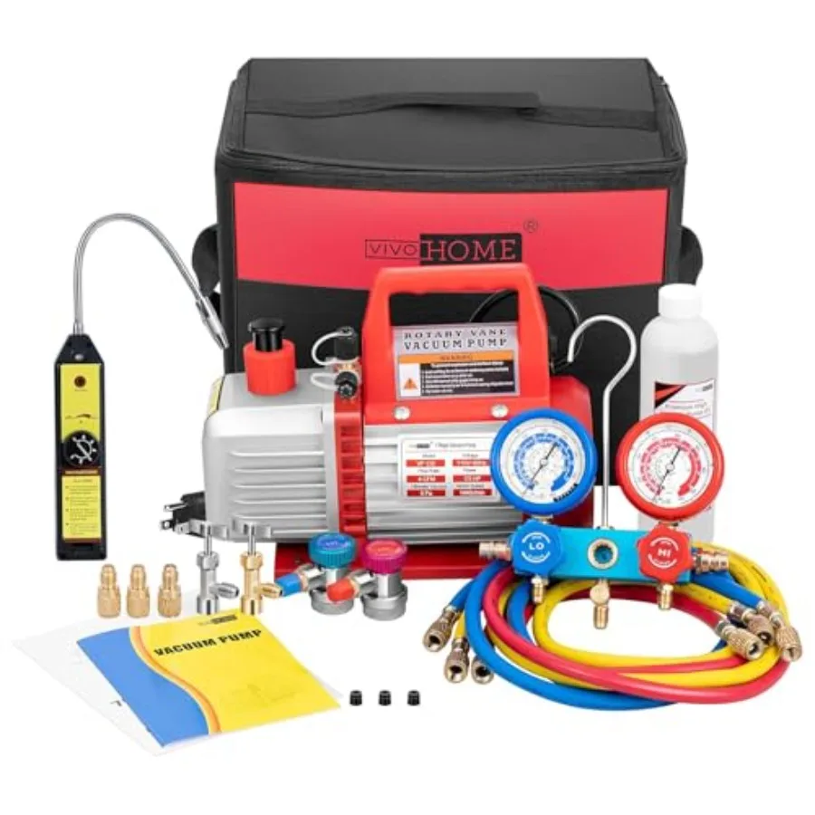 

110V 1/3 HP 4CFM Single Stage Rotary Vane Air Vacuum Pump and AC Manifold Gauge Set Kit with Leak Detector for R134a R12 R22 R5