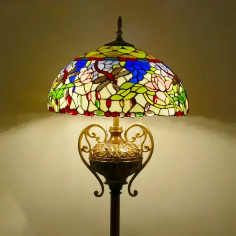 Rural Retro Shade LED Floor Lamp with Dragonfly Grape Design for Hotel Home Decoration Wedding Bedroom Floor Light