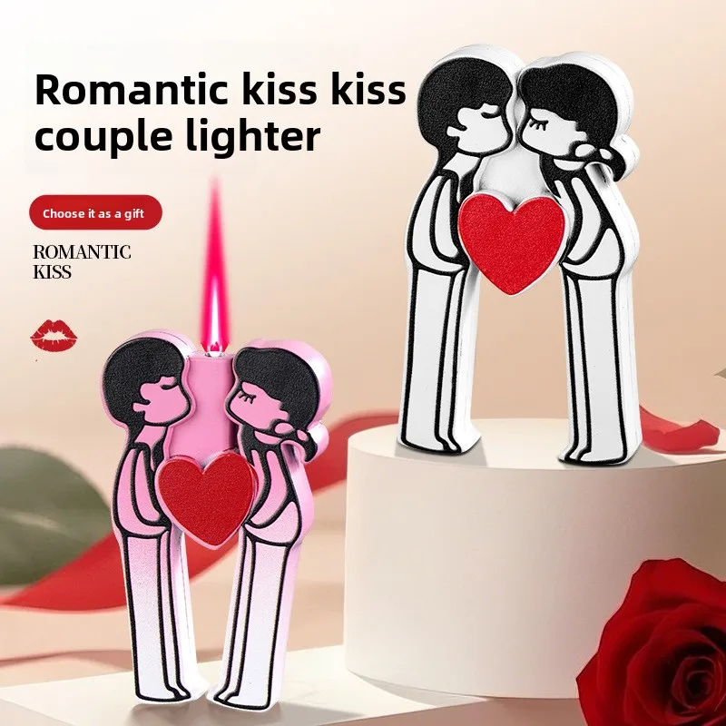 

Internet Celebrity Romantic Cartoon Couple Fire Machine Gradient Color Pink Flame Windproof Lighter Smoking Accessories ToolGift