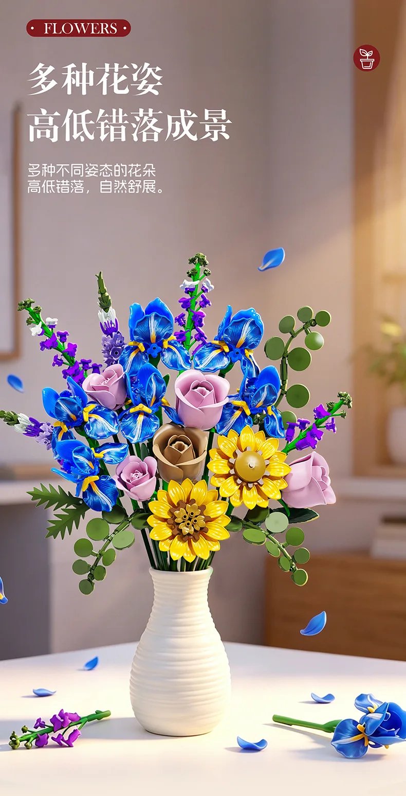 Blumen-Bausteine, Orchidee Cymbidium, Ewiger Blumenstrauß, Bausatz, botanisches Rosen- und Gänseblümchen-Modell, Mini-Bausteine, Spielzeug zur Heimdekoration – Detail 8