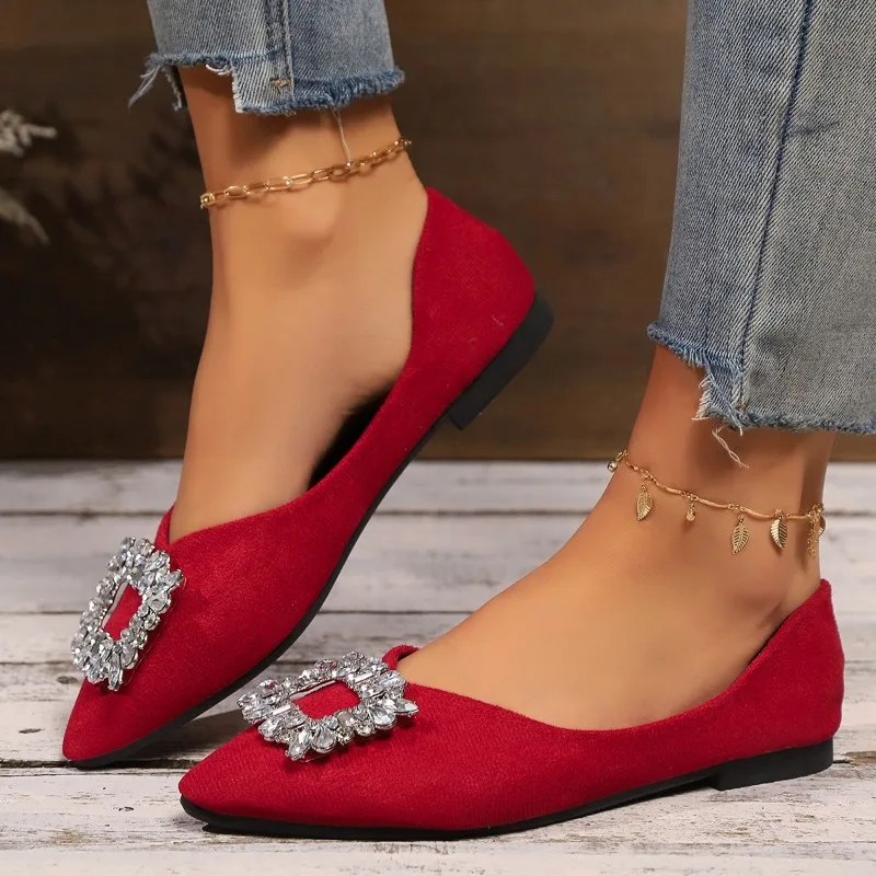 Sapatos femininos decorados com strass, sapatos baixos, dedo apontado, boca rasa, leve, confortável, cor sólida, alta qualidade