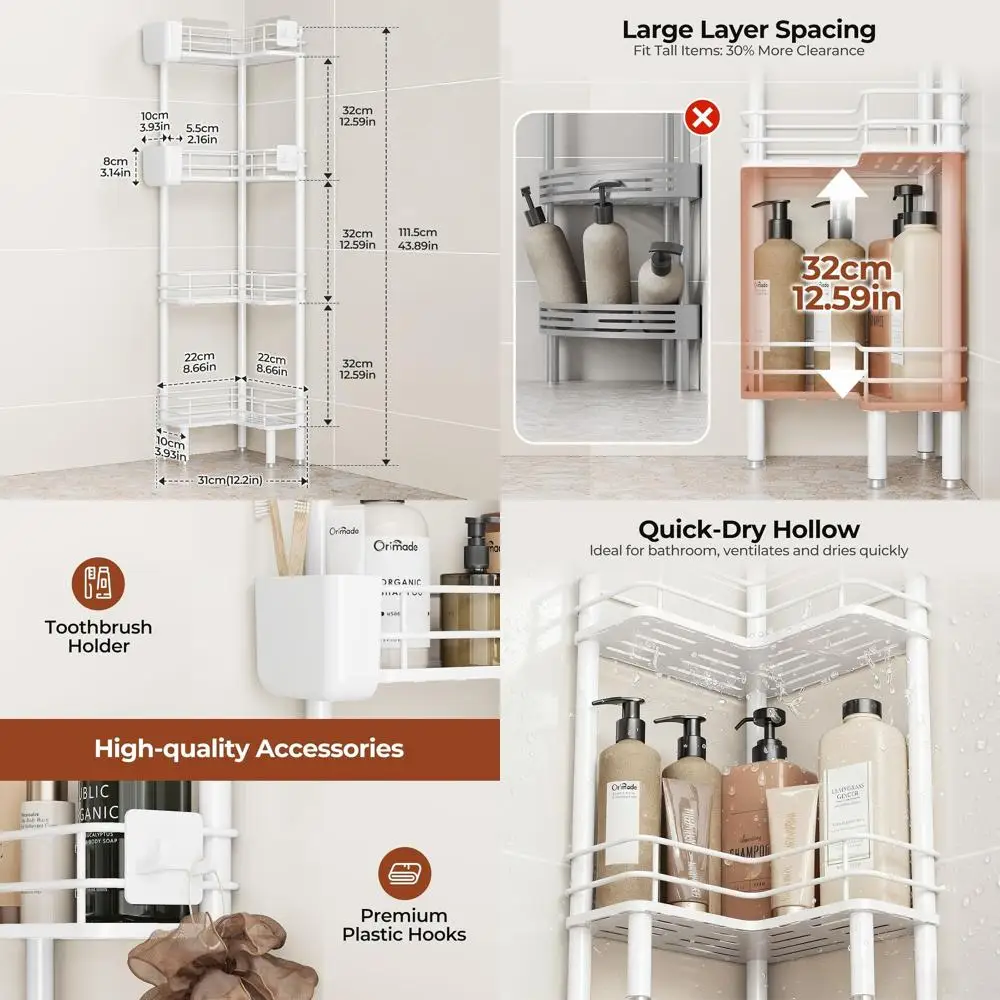 

White 4-Tier Corner Shower Caddy with Toothbrush Holder - Large Spacing Floor Rack for Bathroom and Kitchen Storage