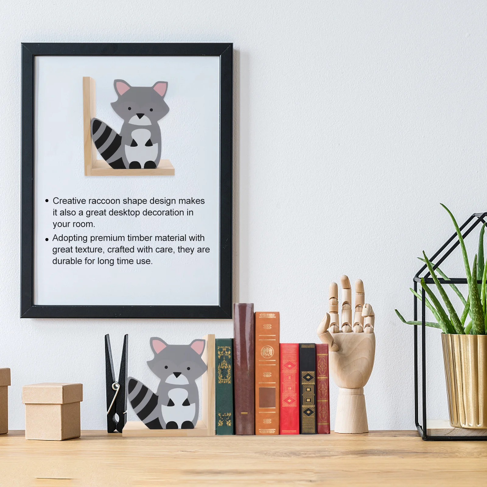 1 Pair Wooden Bookends Raccoon Shape Desktop Organizer For Home Office Book Stoppers Animal Theme Bookend Shelves Support Decor