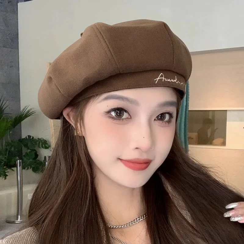 قبعة بيريه للخريف والشتاء للنساء، قبعة مثمنة للوجه، قبعة فنان أدبية بريطانية عتيقة، إكسسوار أزياء أكاديميا داكنة