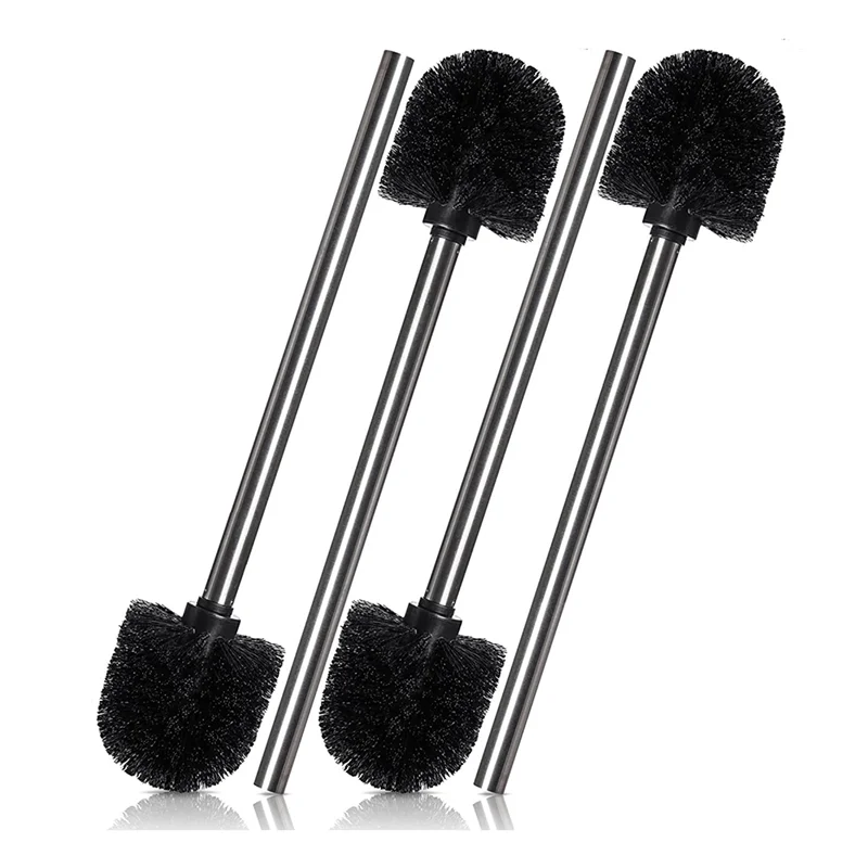 New Set of 4 Toilet Brushes, Stainless Steel Handle with Interchangeable Head, Black
