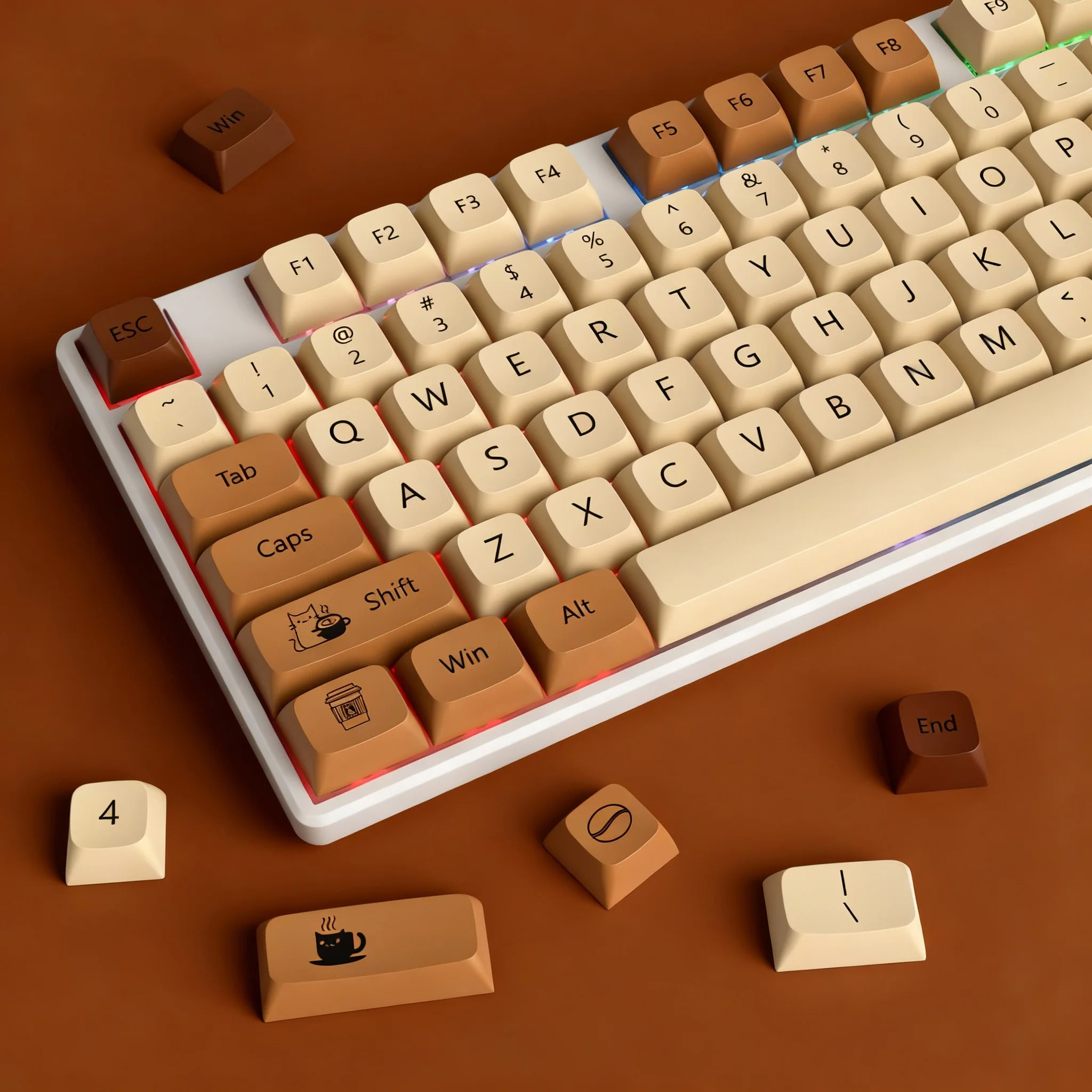 

XDA Profile Coffe Cat PBT Keycap Set 138 клавиш, 5 сторон, сублимационные колпачки для переключателей Cherry Gateron MX, игровые клавиатуры