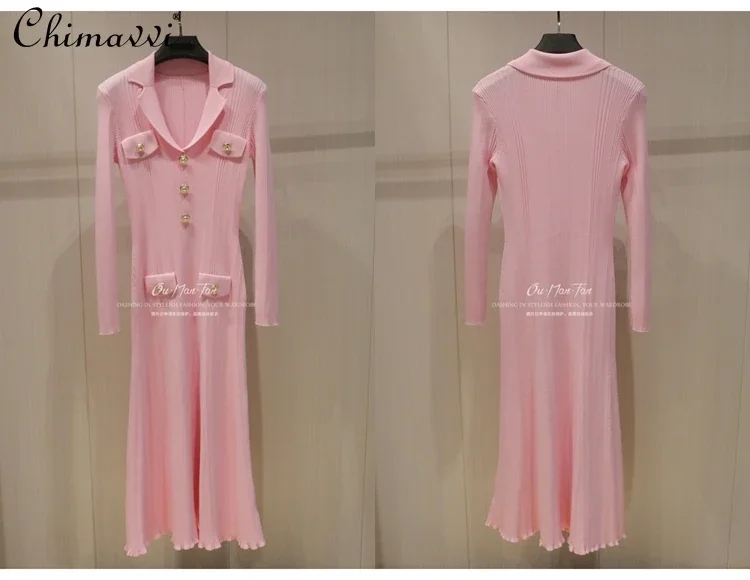 High-end Fashion Hip-wrapped Knitted Dress Spring New Golden Buckle Suit Collar Slim Luxury Elegant Long Fish Tail Dress Women
