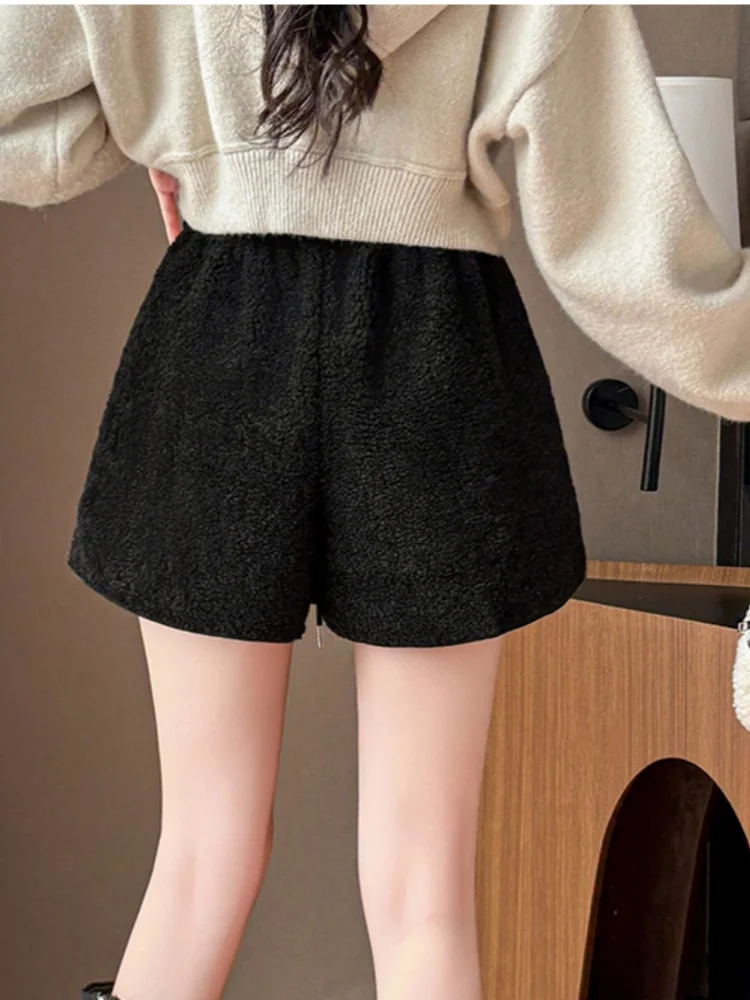 SMTHMA, nuevos pantalones cortos de lana de cordero para otoño e invierno para mujer con cordón, pantalones de pierna ancha con cintura elástica