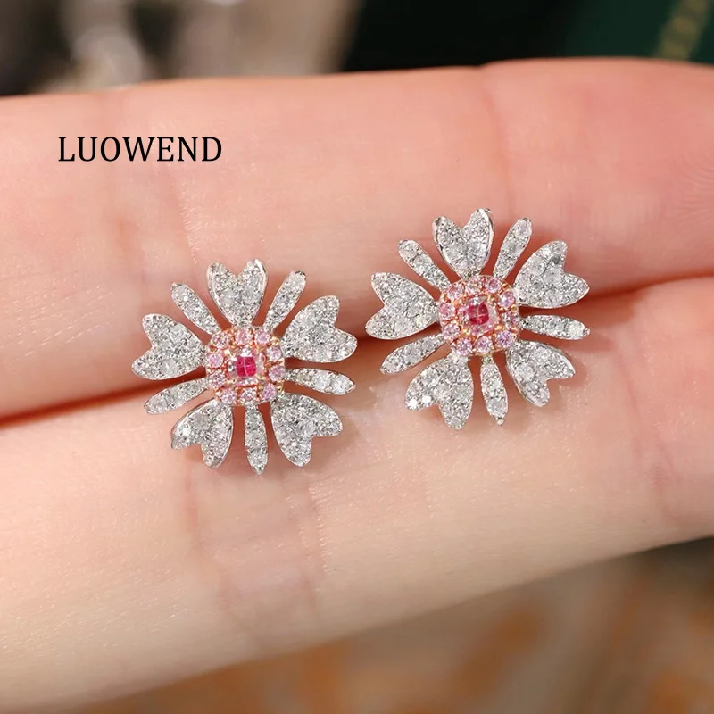 LUOWEND 100% 18K White Gold Earrings Elegant Flower Shape Real Natural Pink Diamond Stud Earrings for Women High Party Jewelry