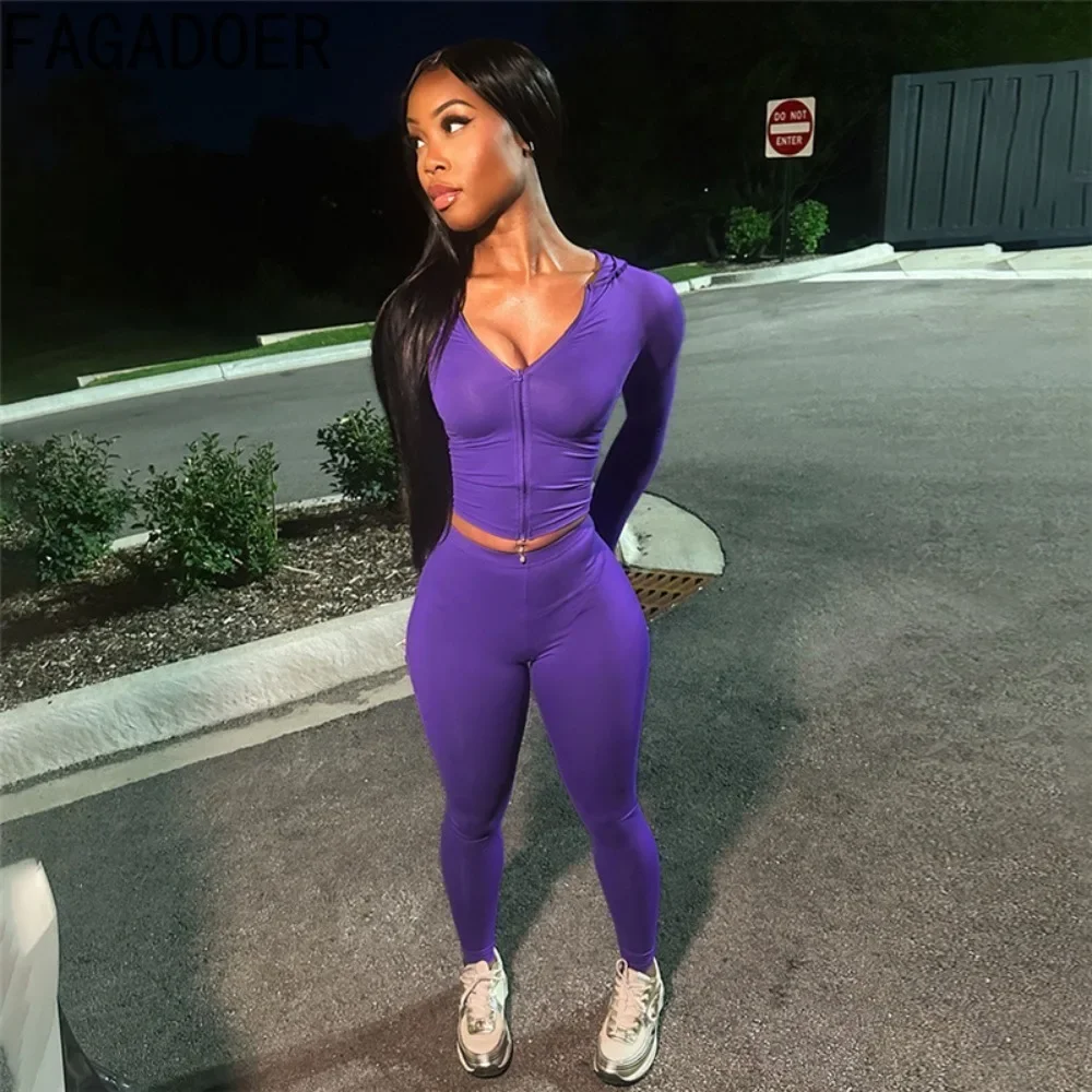 FAGADOER Fashion Solid Bodycon Sporty Two Piece Sets Women Zipper Hooded Long Sleeve Crop Top And Skinny Pants Outfits Clothing