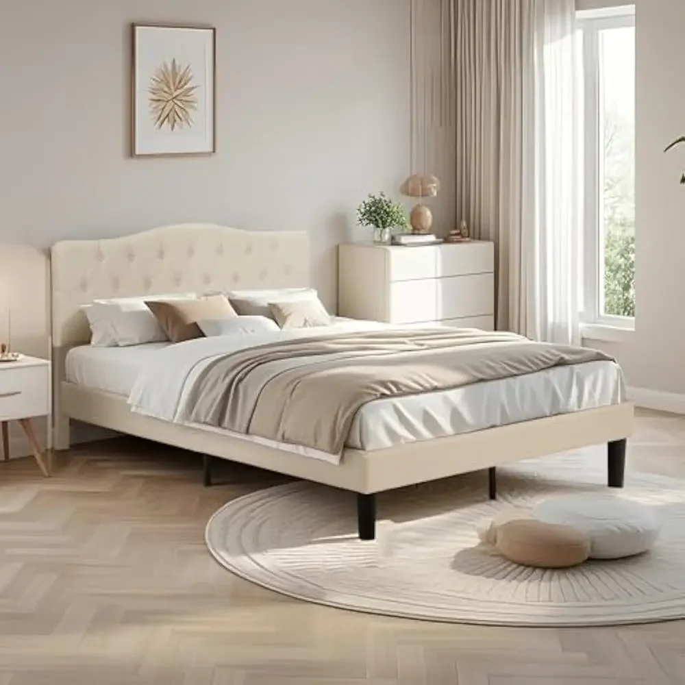 

Full Size Bed Frame with Fabric Upholstered Headboard and Wooden Slats Support, No Box Spring Needed/Easy Assembly