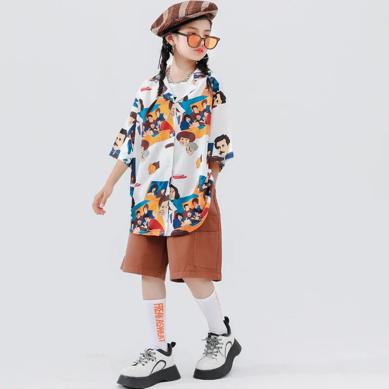 Ropa de Hip Hop para chico, camisa con estampado Vintage, Top marrón de verano con múltiples bolsillos, pantalones cortos Cargo para niñas y niños, traje de baile de Jazz