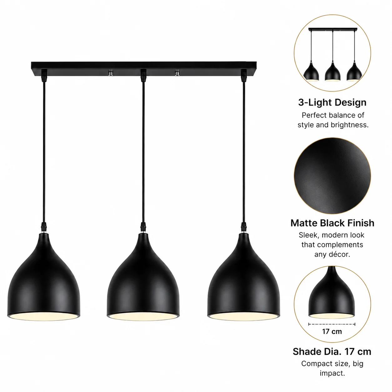 JOYINLED Matte Black Finish Nordic E26/E27 Simple Light 3-Light Modern Pendant Light 6.7 Inches, Industrial Hanging Ceiling Lamp