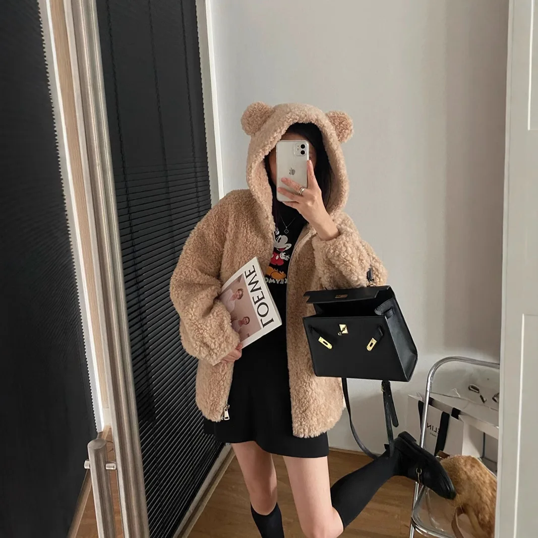 Teddy Bear Real Wool New Bear Sweater Hooded Full Wool Sheep Shearing Jacket Women's Short Lamb Fur