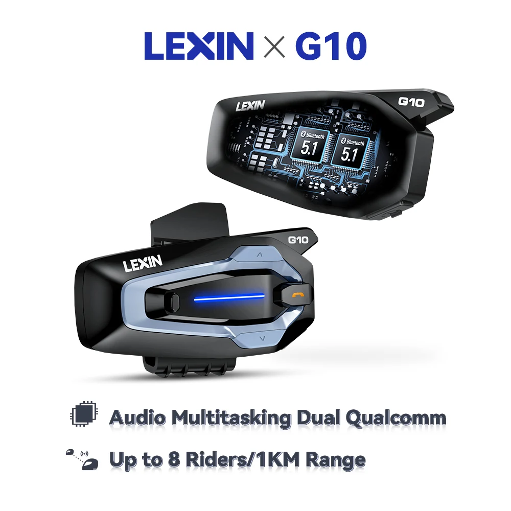 NEW-LEXIN G10 Intercom pour Casque de Moto, Intercom Bluetooth pour 8 Motocyclistes, Multitâche Audio avec Double Intercom Bluetooth 5.1 Qualcomm, Partage de Musique, Jusqu'à 8 Motocyclistes/1KM de Portée, Appairage Universel, Étanche IP67, Lecture de Musique Stéréo Hi-Fi, Radio FM Intégrée
