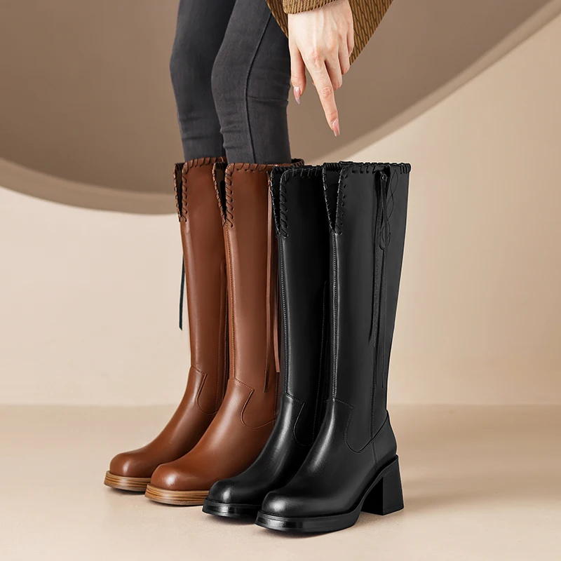 

2023 Autumn winter Women knee-high boots natural leather 22-25cm cowhide+pigskin modern boots side zip thick heel knight boots