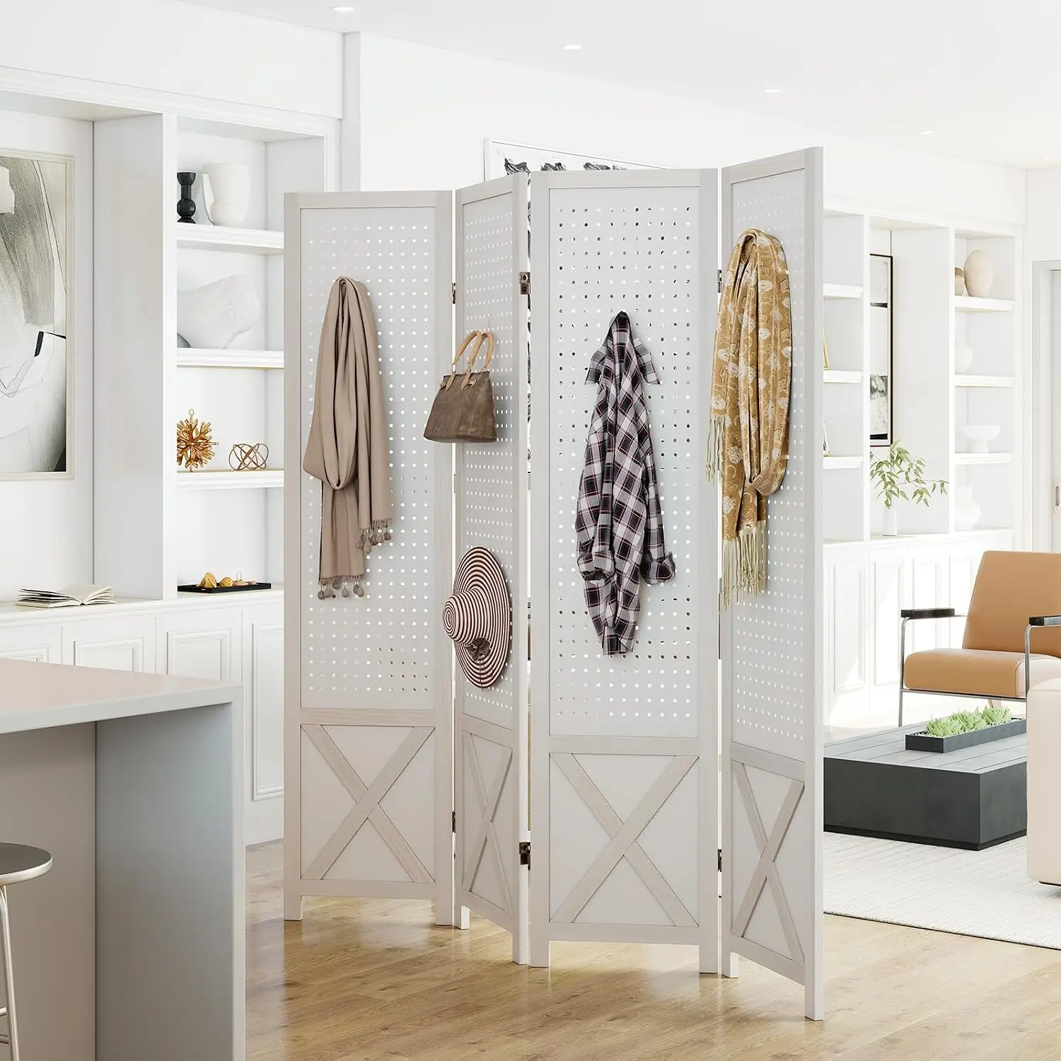 Giantex 4 Panel Pegboard Room Divider, 5.6FT Folding Privacy Screen with Peg Board Storage, Solid Wood Frame Freestanding Room Divider Wall, Foldable Pegboard Display Stand for Retail, Craft Shows