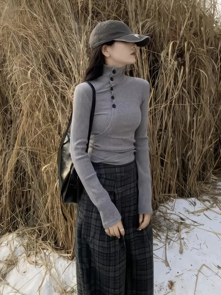 

Женская серая готическая футболка Harajuku Y2k, футболка 90-х годов, винтажные футболки с высоким воротником и длинными рукавами, одежда эмо 2000-х годов