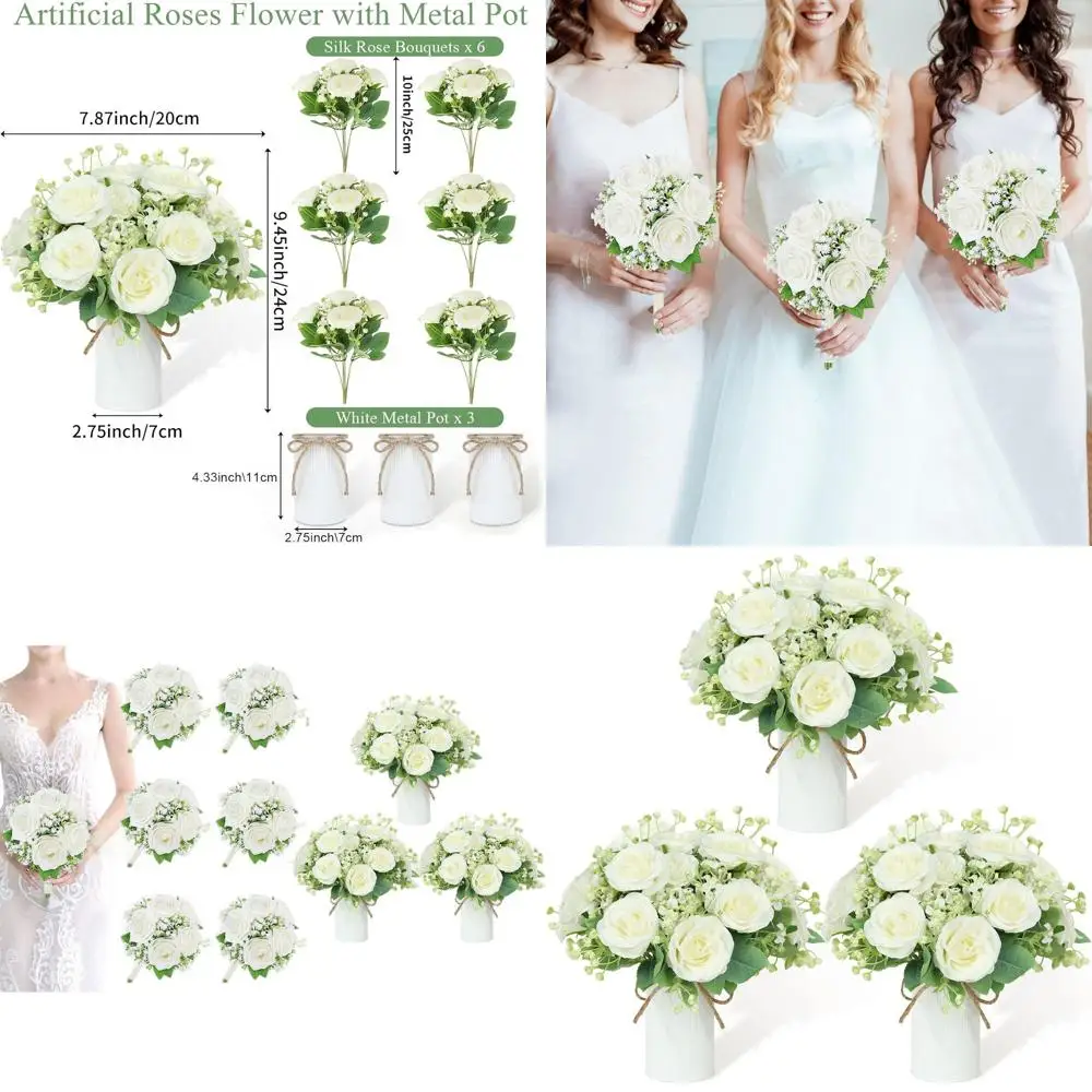 

Набор из 6 белых букетов для подружек невесты и 3 белых розовых композиций для украшения стола