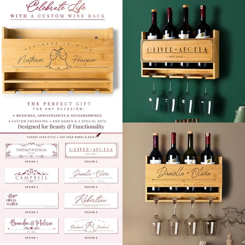 

Custom Engraved Wall-Mounted Wine Rack for 4 Bottles and Glasses - Perfect Gift for Wine Enthusiasts, Weddings, and Housewarming