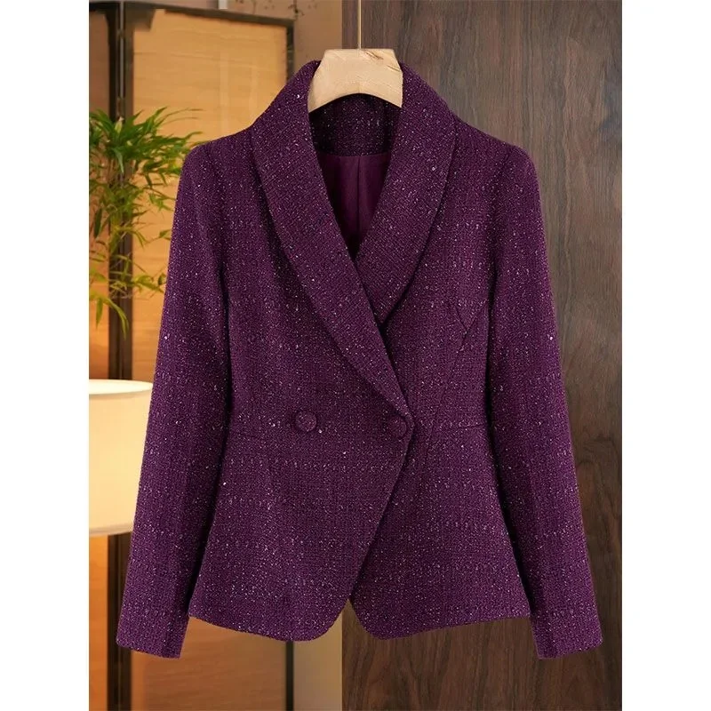 

New Elegant Autumn Winter Tweed Jacket Women Fashion Sequin Lapel Double Breasted Long Sleeve Woolen Coat Casual Outwear