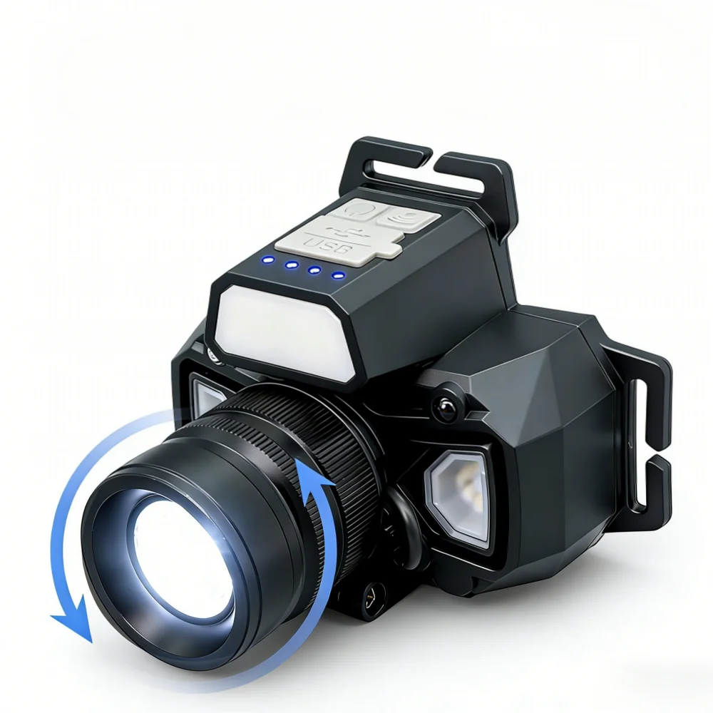 Tactical Headlamp 350LM 3600mAh White Laser LED, Zoomable with Red Warning Side Lights Switch, Type-C Rechargeable Headlig