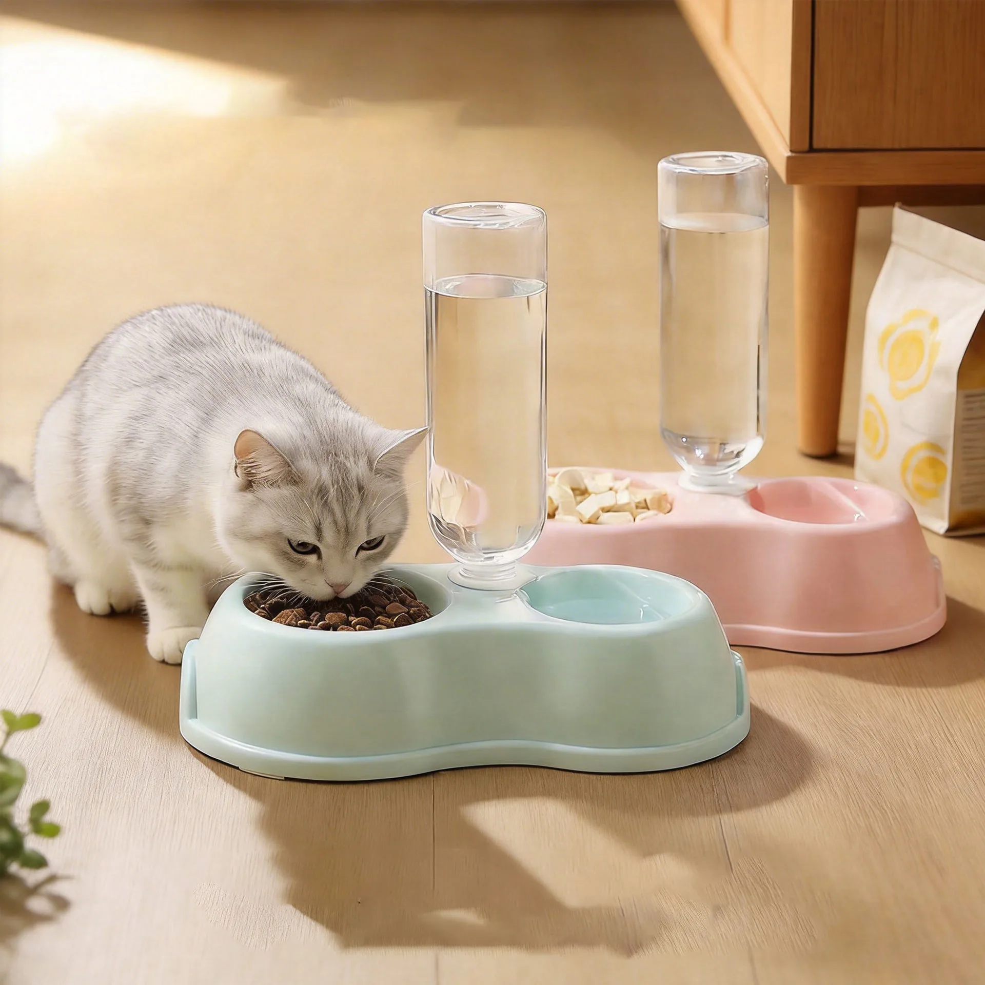 Pet Double Bowl Plastic Cat Dog Food Bowl Automatic Water Feeder Puppy Kitten Water Food Integrated Feeding Dish Pet Daily