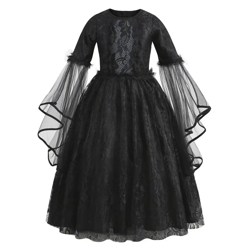 Mädchen-Kostümkleid Kinder Schwarzes Spitzen-Tüll-Cosplay-Kleid mit ausgestellten Ärmeln Gothisches Party-Rollenspiel-Outfit für Halloween-Karneval – Detail 5