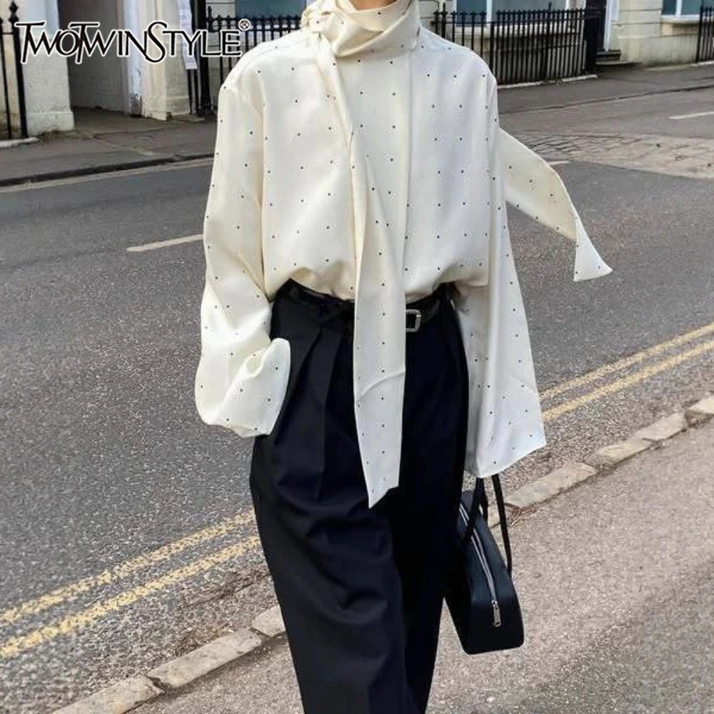 

TWOTWINSTYLE French Office Polka Dot Shirt for Women Stand Collar Long Sleeve Loose Style Blouses Female Fashion Clothing Autumn