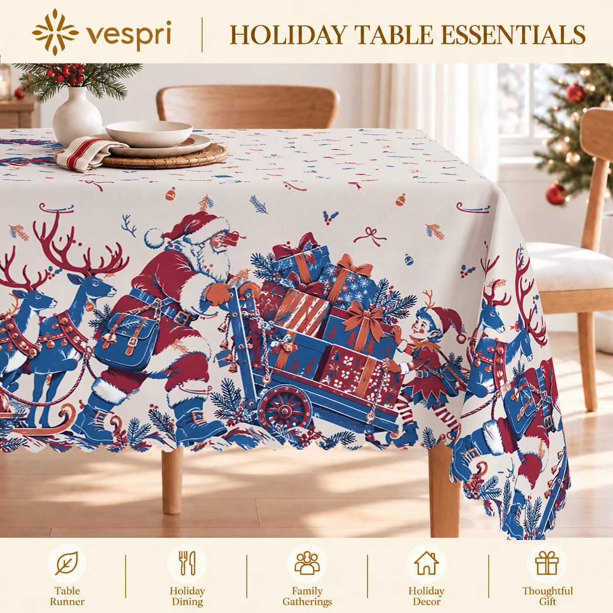 Christmas Tablecloth with Santa & Sleigh Gifts for Indoor/Outdoor Camping decor, Rectangular/Round/Oval