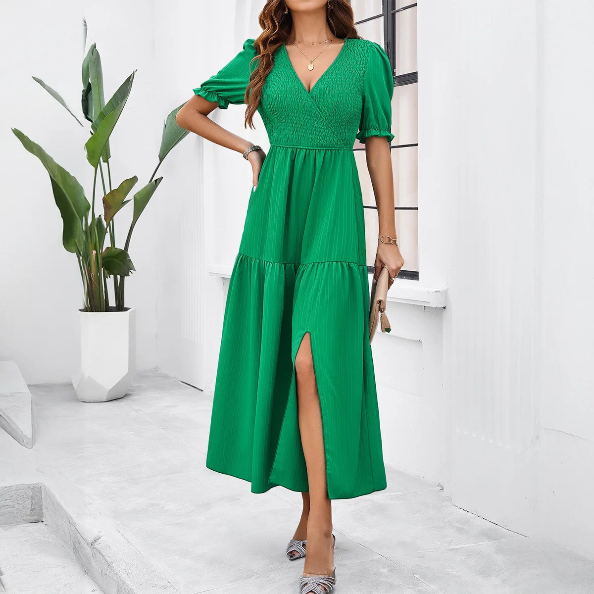 

2025 Summer V Neck Vacation Dress Women's High Waist A-Line Sundress Flowy Beach Dress with Slit Elegant Midi Dress Boho Robes