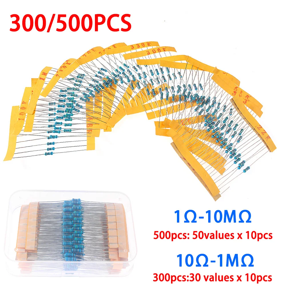 300/500PCS 1/4W Metal Film Resistor Kit 0.25W 1% Tolerance Colored Ring Resistance for DIY Electronics Projects & Circuit Repair