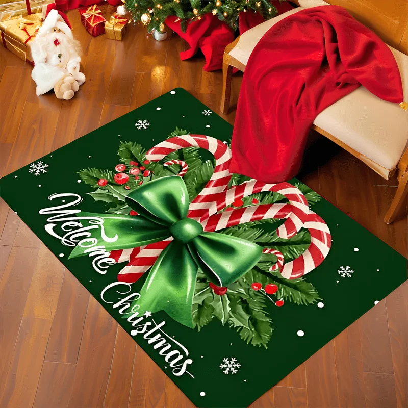 Single Piece of Christmas-Themed Candy Cane Welcome Mat - One Unit, Made of Flannel with a Low Pile, Suitable for Living Room, Bedroom, Bathroom, Kitchen, And