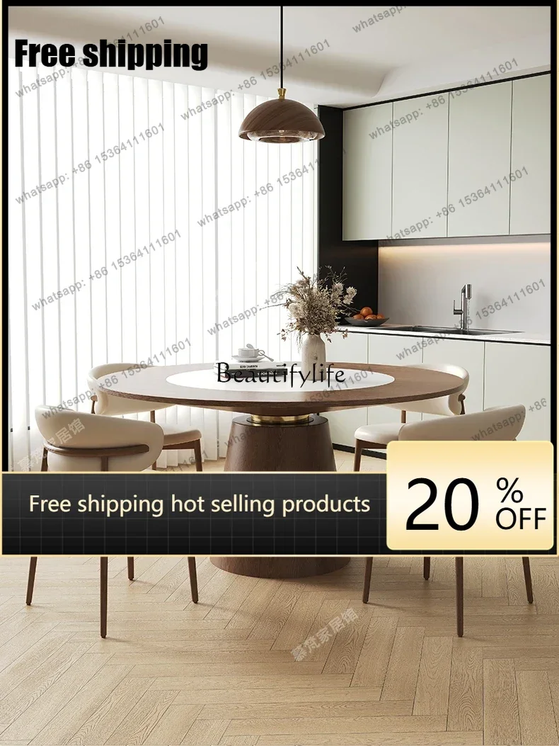 Factory DirectNordic Solid Wood Embedded Turntable Dining Table Household Solid Wood with Turntable Stone Plate Dining Table