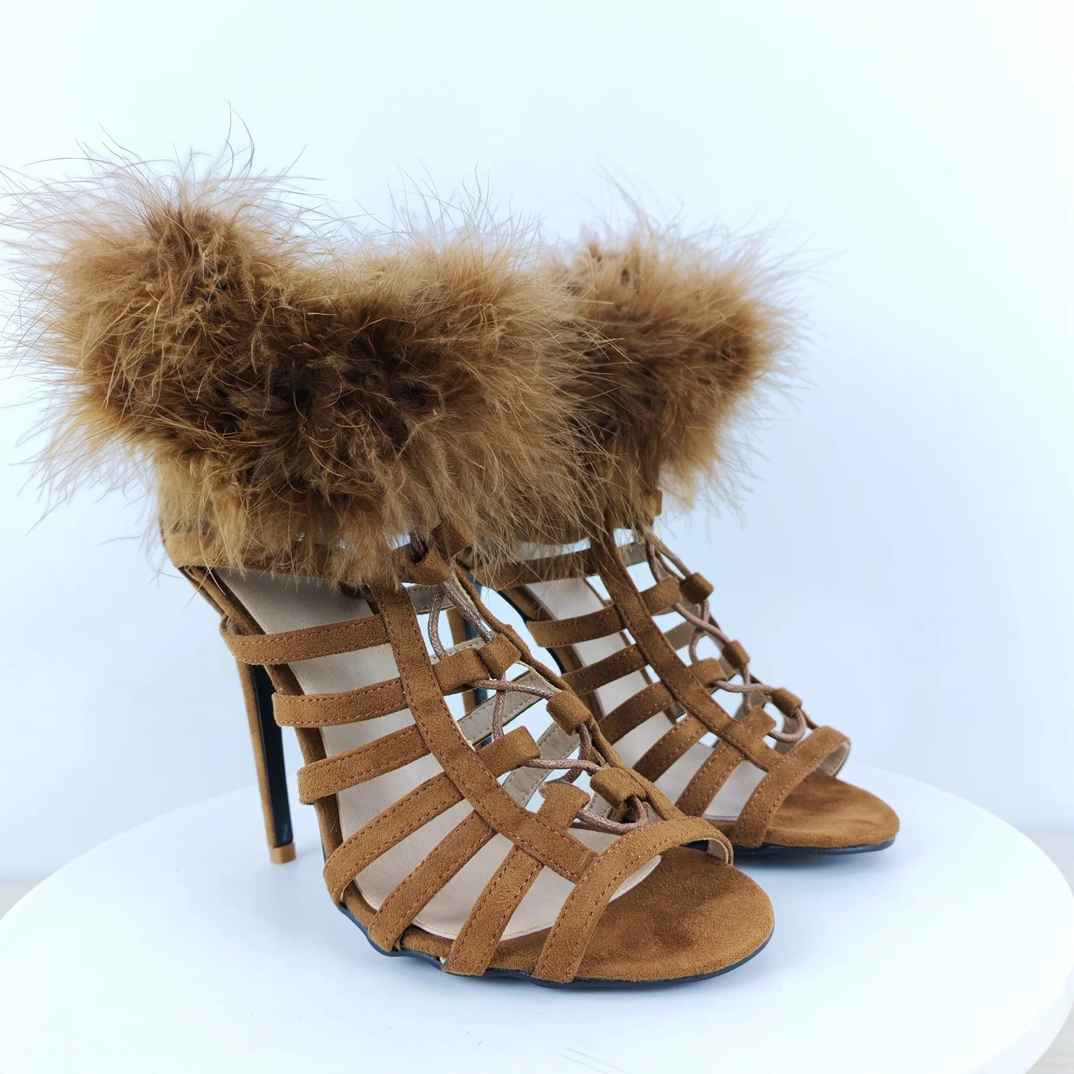 Women's Brown Suede Feather-Trim Heels Multi-Strap Design Stiletto Heel Glamorous Retro Style for Parties Burlesque Bold Outfits