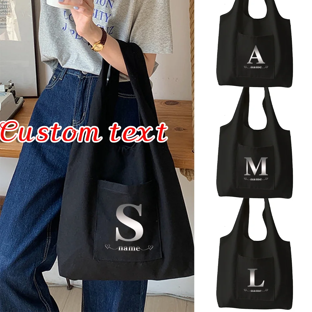 

Customizable Name Shoulder Bag Women's Black Canvas Shopping Bag Grocery Bag Large Capacity Handbag Customized Product