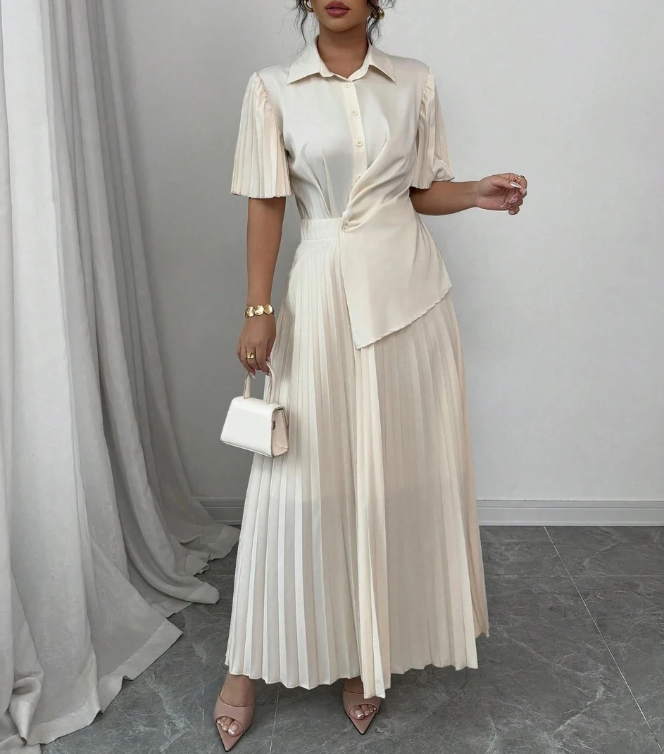 Women Cream Satin Shirt Dress Pleated Sleeve Twist Waist Maxi Dress Elegant Style