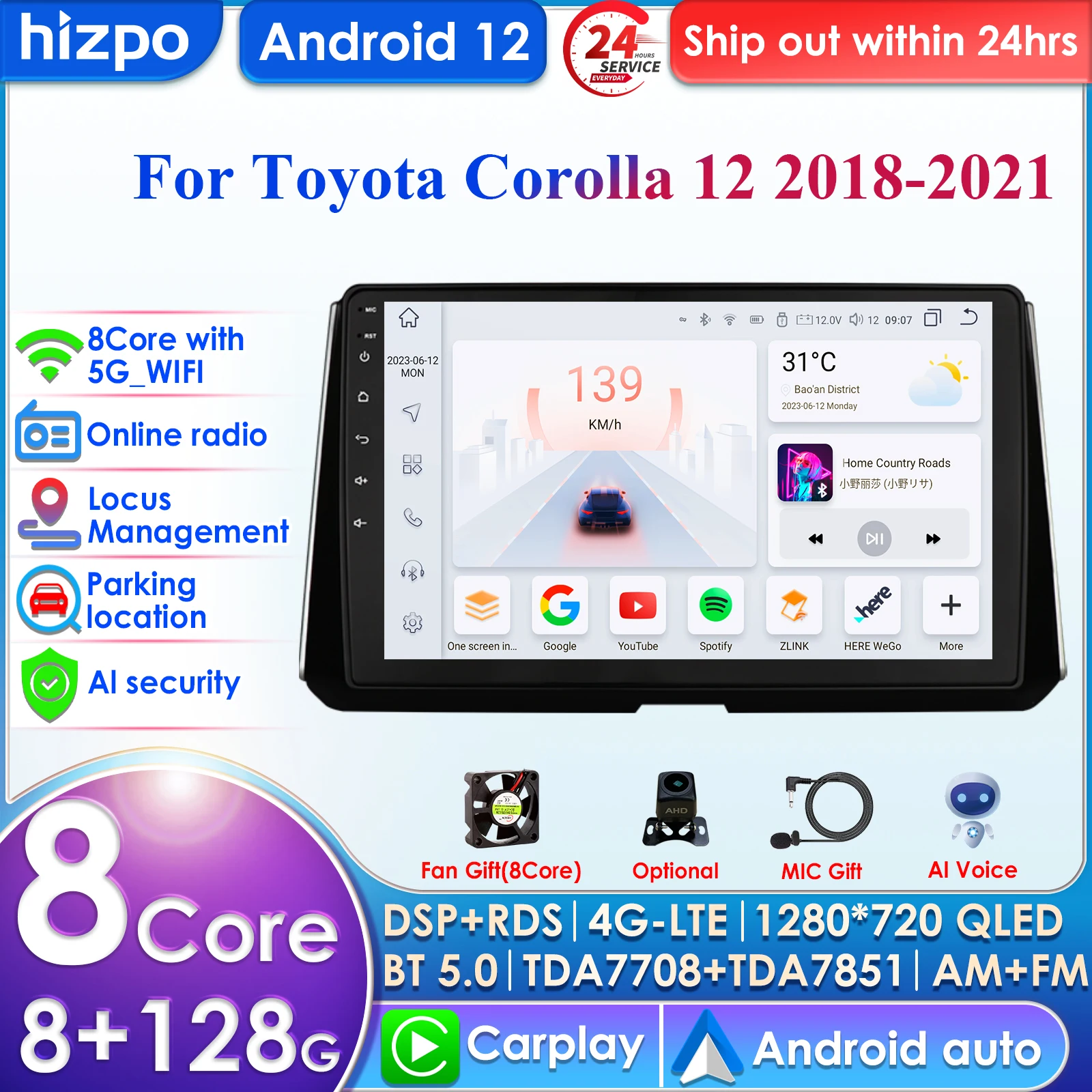 

Hizpo 4G 10.1'' AI Intelligent Systems Wireless CarPlay Android Auto Radio for Toyota Corolla Car Multimedia GPS 2din Autoradio