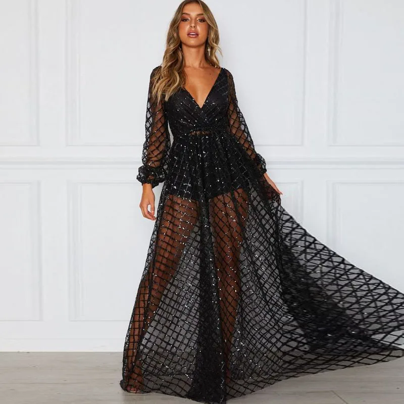 Vestido de cocktail preto manga comprida com decote em v até o chão festa à noite desse ver através de lantejoulas sem costas vestido formal de casamento 2022