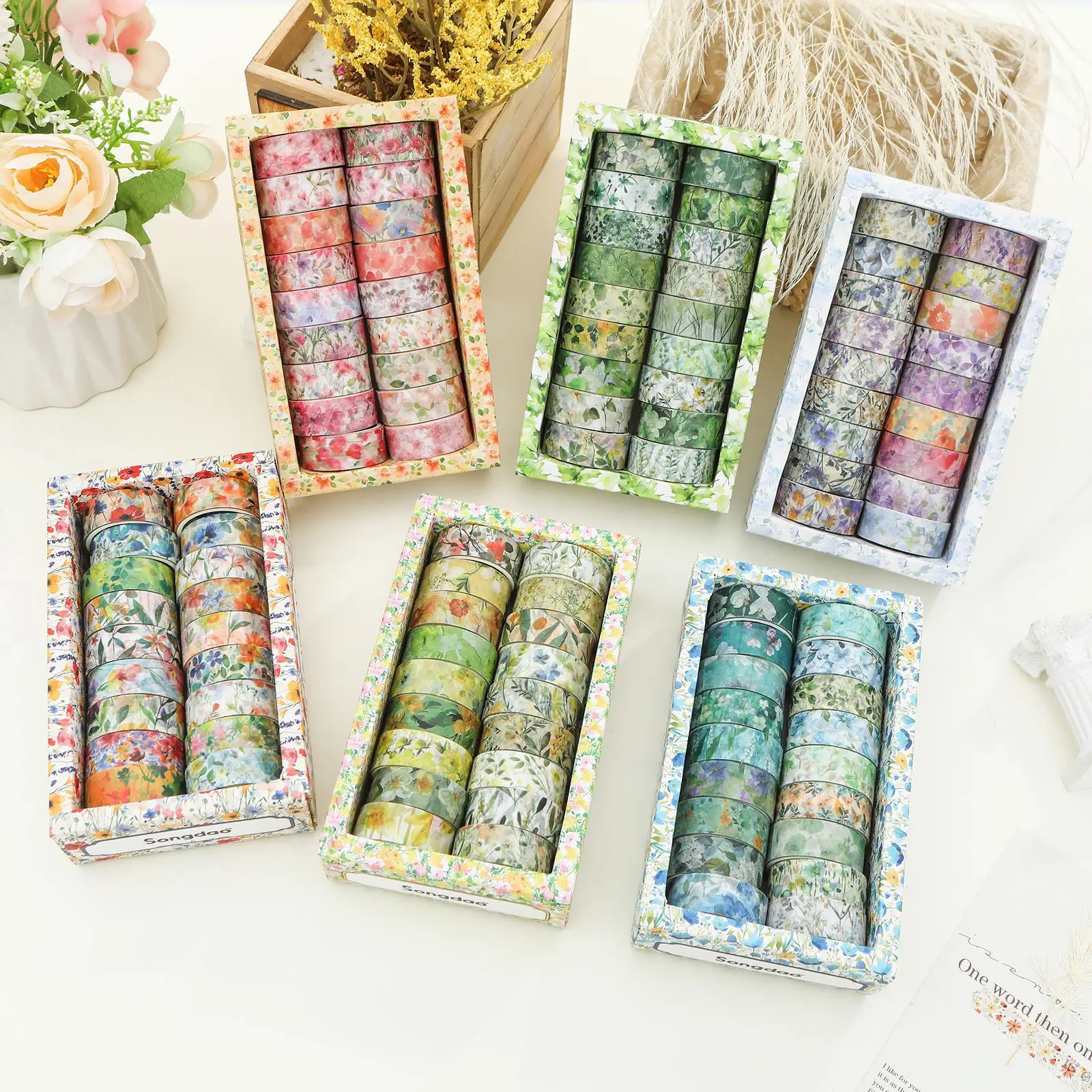 18pcs Fragrant Series Washi Tapes Set, Blooming Flower Masking Tape Simple and Plain Floral Pattern, Decoration Stickers A3036