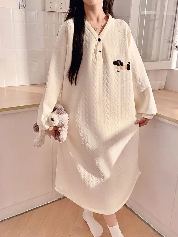Thickened Long Sleeve Air Cotton Sleep Dress Women's Winter Home Clothes Student Pyjamas V-neck Pullover Sweet Style
