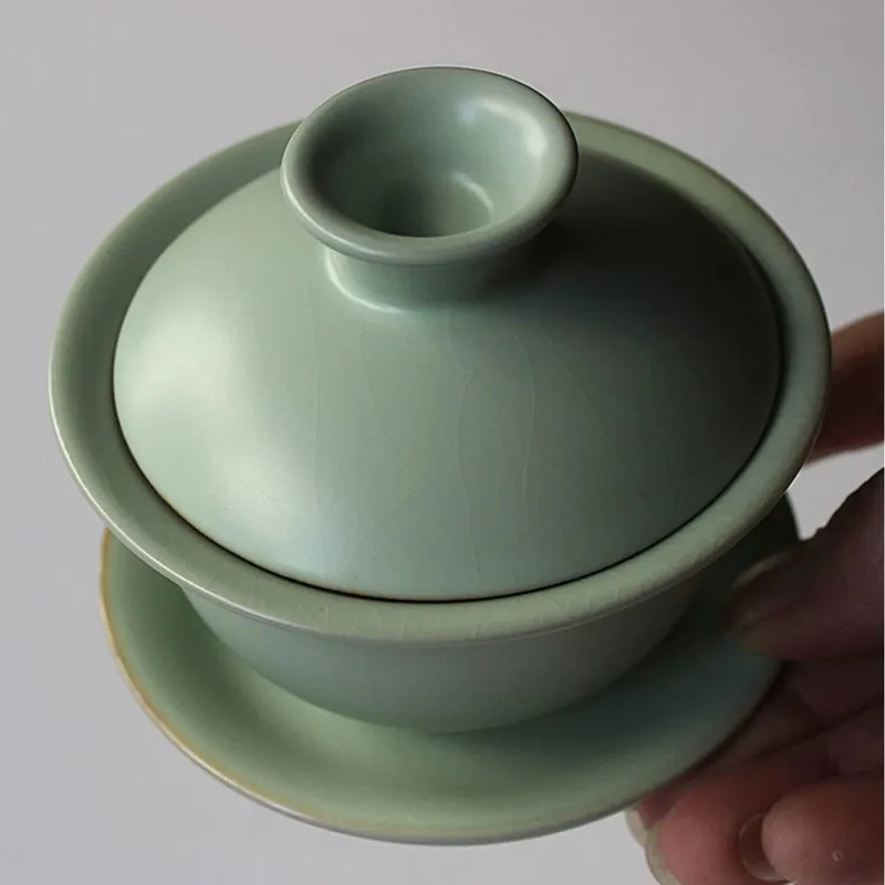 Powder Green Slice Ru Kiln Ge Kiln Cover Bowl Teacup Ceramic Three Ai Cover Bowl Handmade Retro Ru Porcelain Kung Fu Tea Bowl