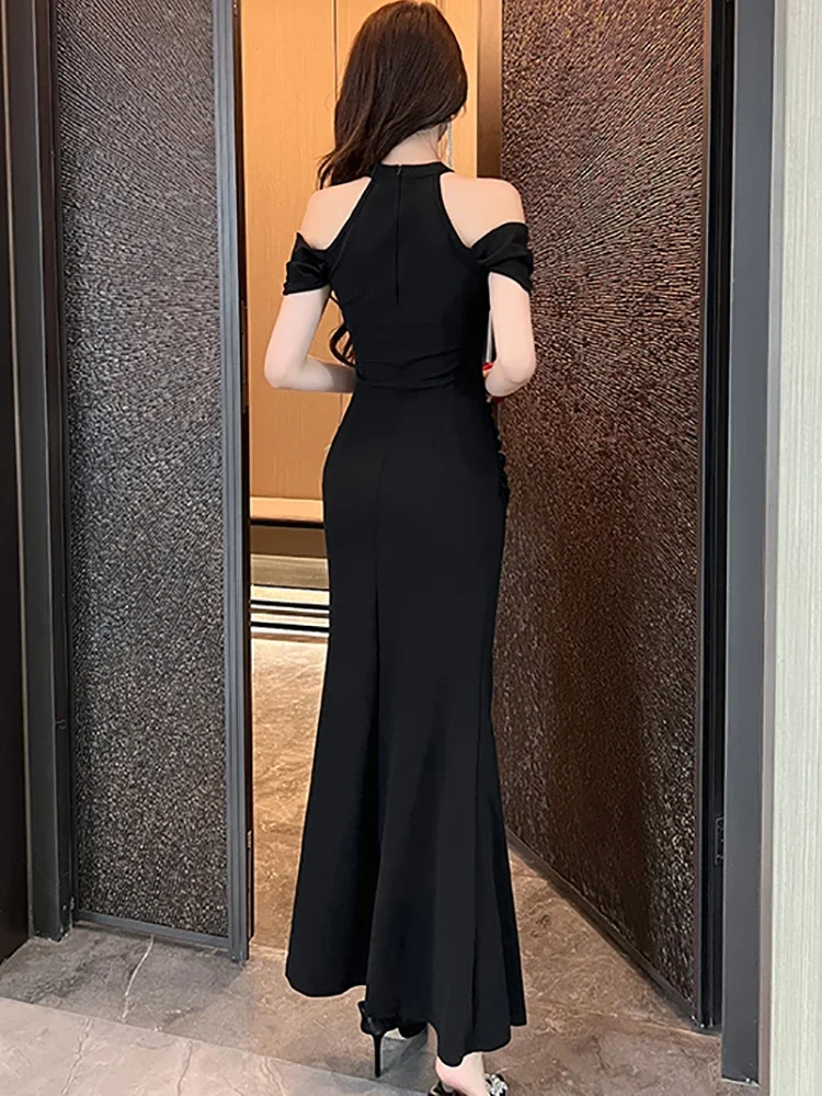เกาหลีวินเทจหรูหราชุด 2025 Elegant Bodycon Party Dressผู้หญิงสีแดงPatchworkตาข่ายSheer Offไหล่ชุดยาวเซ็กซี่ฤดูร้อน