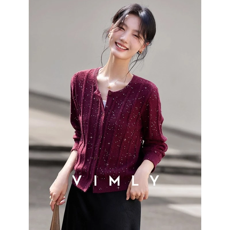 

VIMLY Red Sequined Cardigan Woman Autumn 2025 New Long Sleeve Knit Ladies Sweater Casual Crew Neck Button Female Cardigan 75089