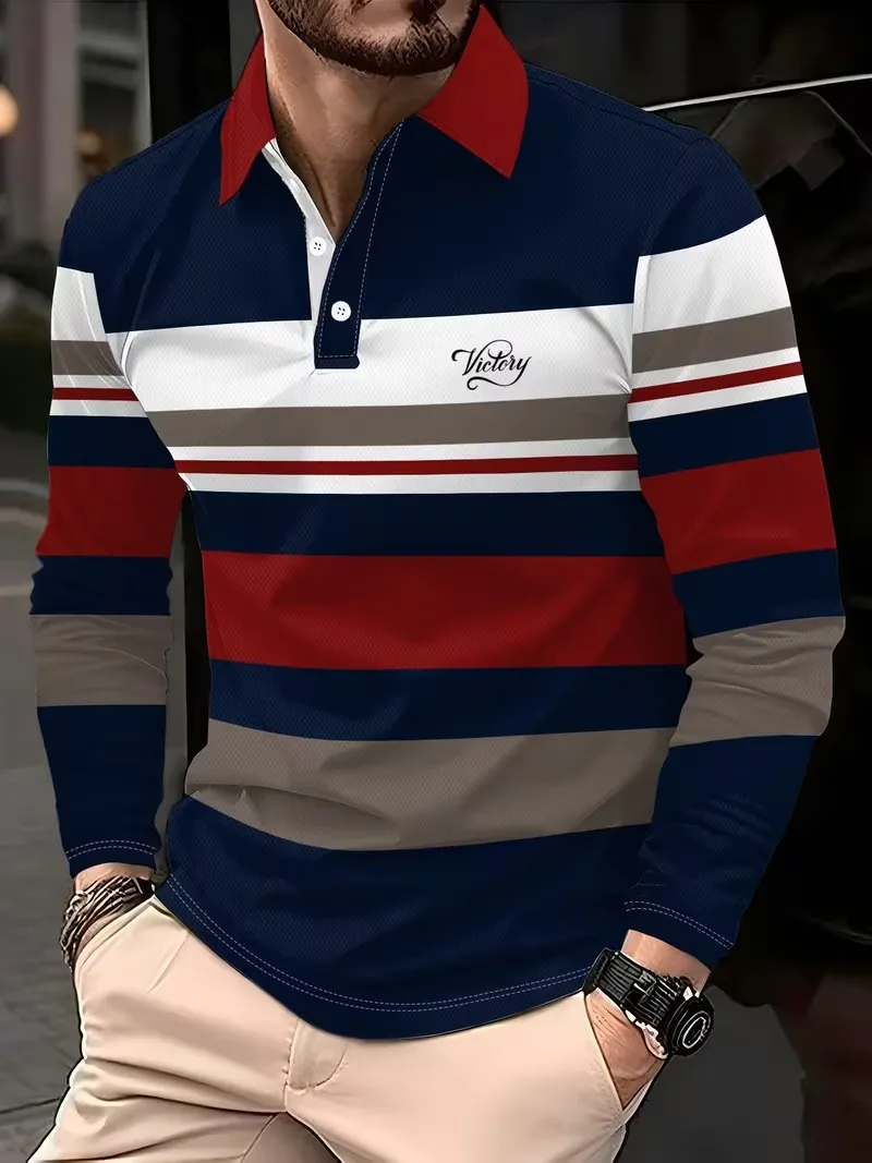 Spring Autumn Polo Horizontal Striped Graphic Men's Long-Sleeved Shirt Polo Sports Outdoor Golf Polo Shirt Casual Men's Clothing