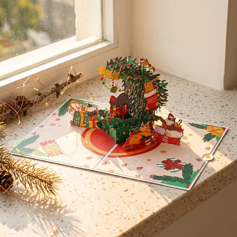 Amusement Park Theme Cat Christmas Greeting Card with Envelope Handmade Holiday Blessing Message Card Paper Carved