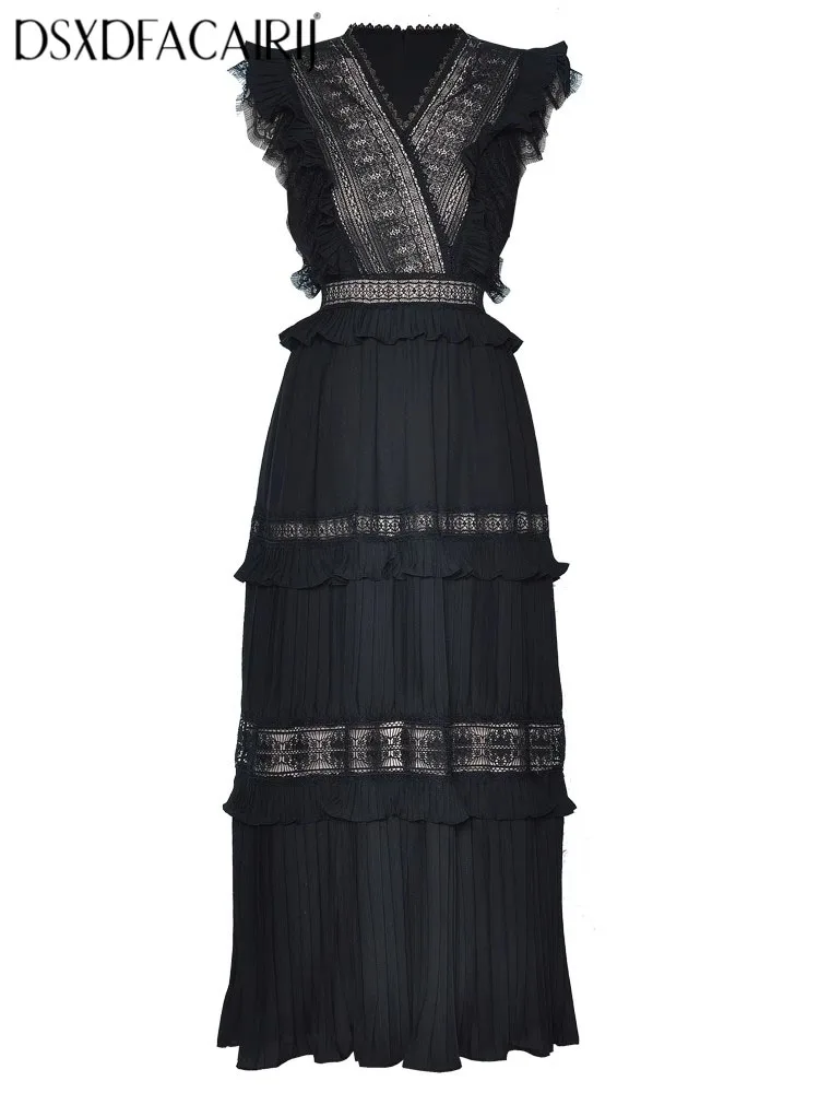 

DSXDFACAIRIJ Women's Hollow out Pleated V-Neck Dress with Flying Sleeves Solid Color Vintage Party Summer Fashion Females