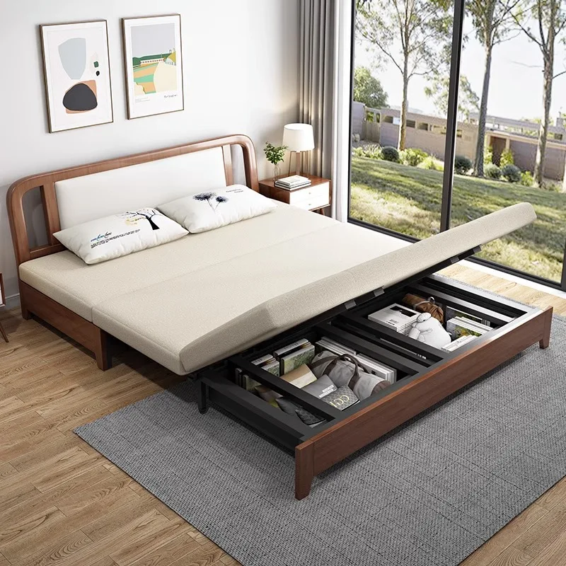 

Solid wood sofa bed multi-functional folding dual-purpose apartment cotton and linen fabric sofa bed office double with storage